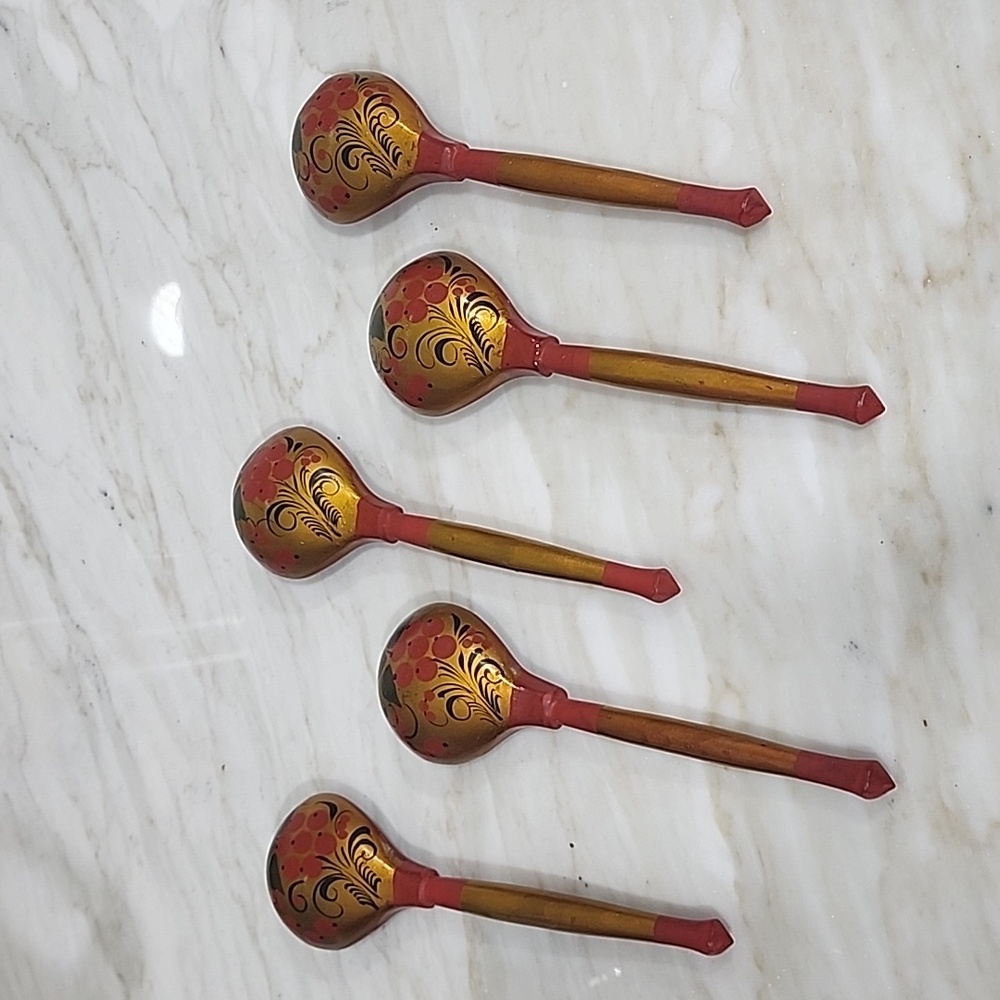 Set of 2 Vintage Russian Khokhloma Wooden Spoons - Picture 2 of 2